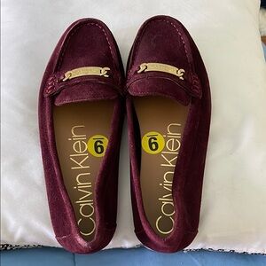 NWOT Calvin Klein Burgundy Suede Flats with Gold Hardware